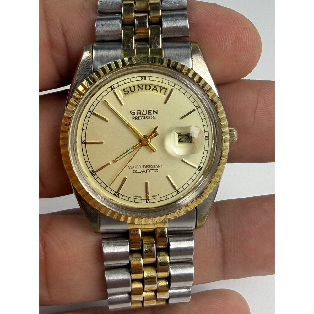 Vintage 1980s Gruen Precision Men’s Quartz Day Date Two Tone Watch Not Working